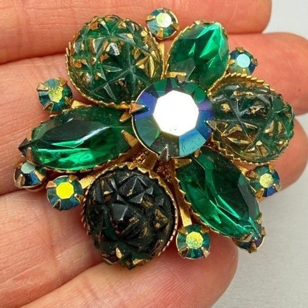 Vintage Beau Jewels Green Lava Glass AB Rhinestone Clip On Earrings Large MCM
